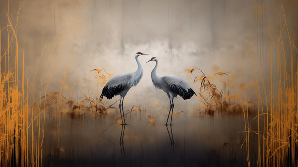 Misty Silhouettes - Minimalist wallpaper of cranes in a misty zen setting