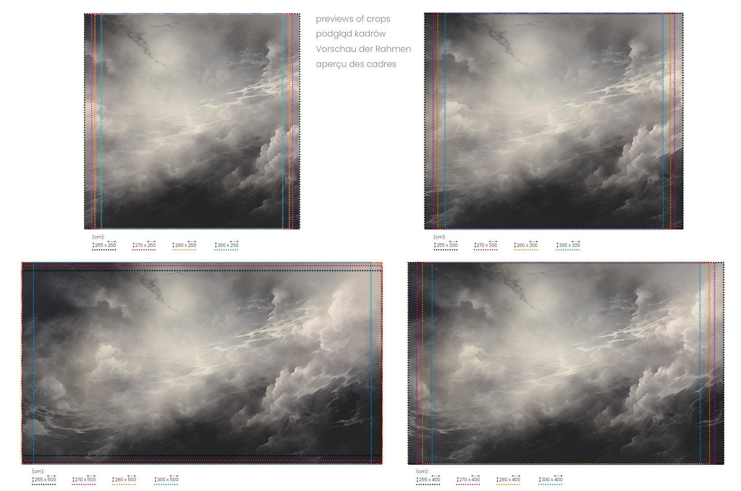 Na obrazie znajduje się prezentacja przykładowych rozmiarów fototapety o nazwie Silver Lining Drama. Rozmiar fototapety jest dowolny.