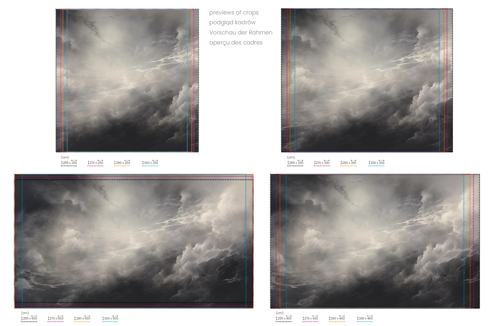 Na obrazie znajduje się prezentacja przykładowych rozmiarów fototapety o nazwie Silver Lining Drama. Rozmiar fototapety jest dowolny.