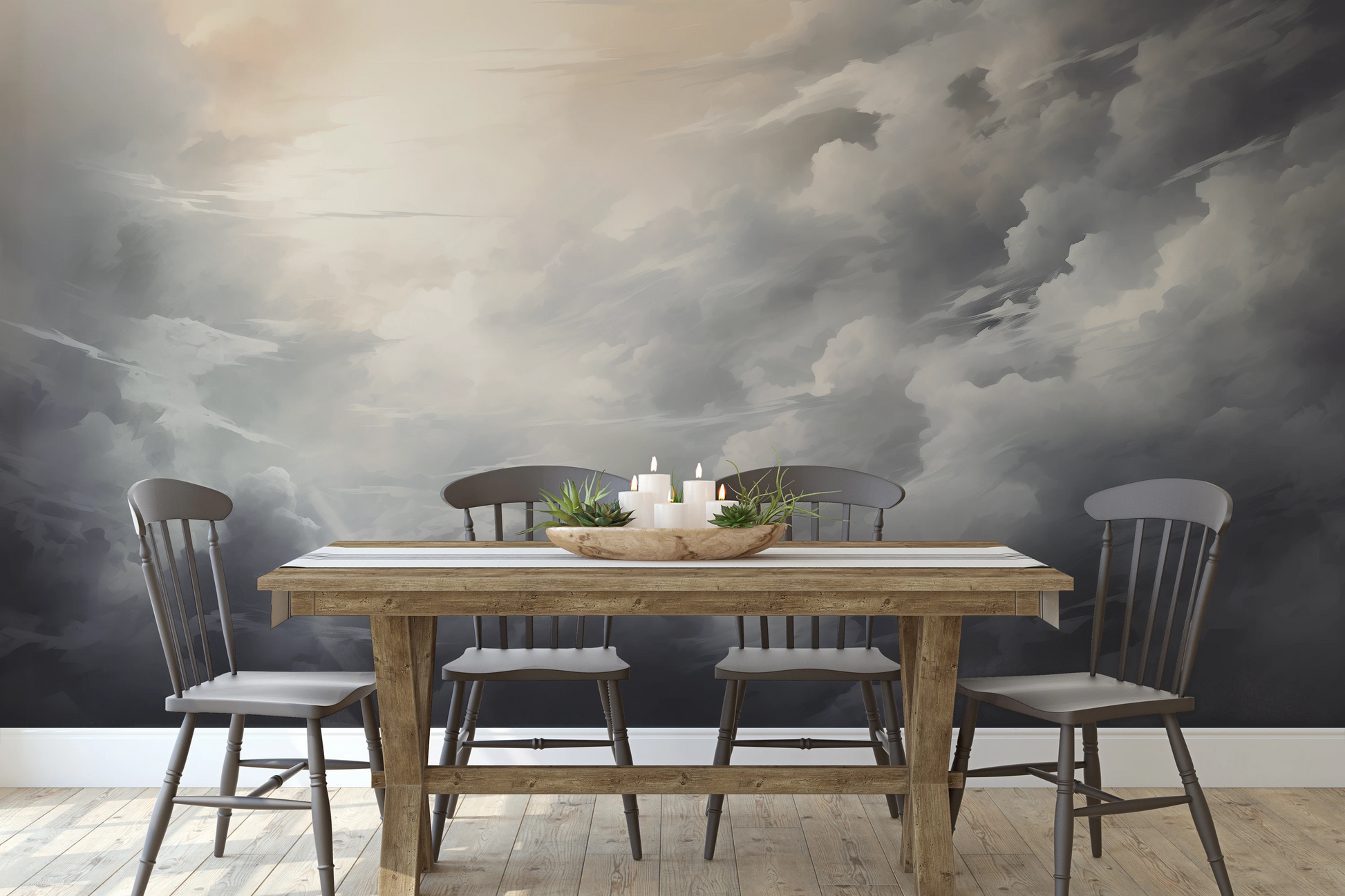 Wzór fototapety malowanej o nazwie Light Amidst Shadows pokazanej w aranżacji wnętrza.