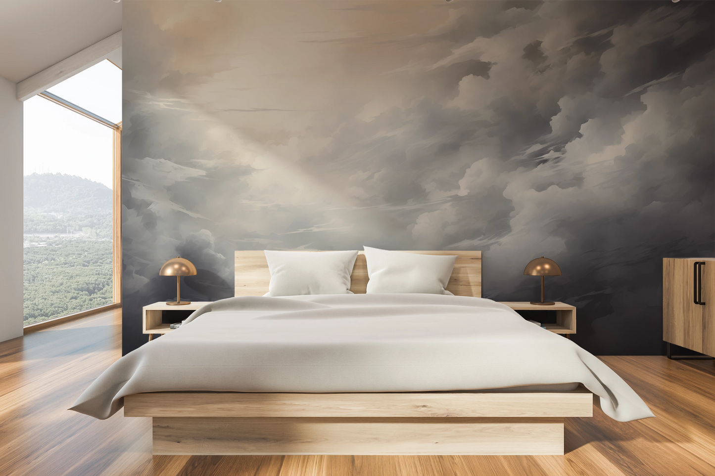 Wzór fototapety artystycznej o nazwie Light Amidst Shadows pokazanej w aranżacji wnętrza.