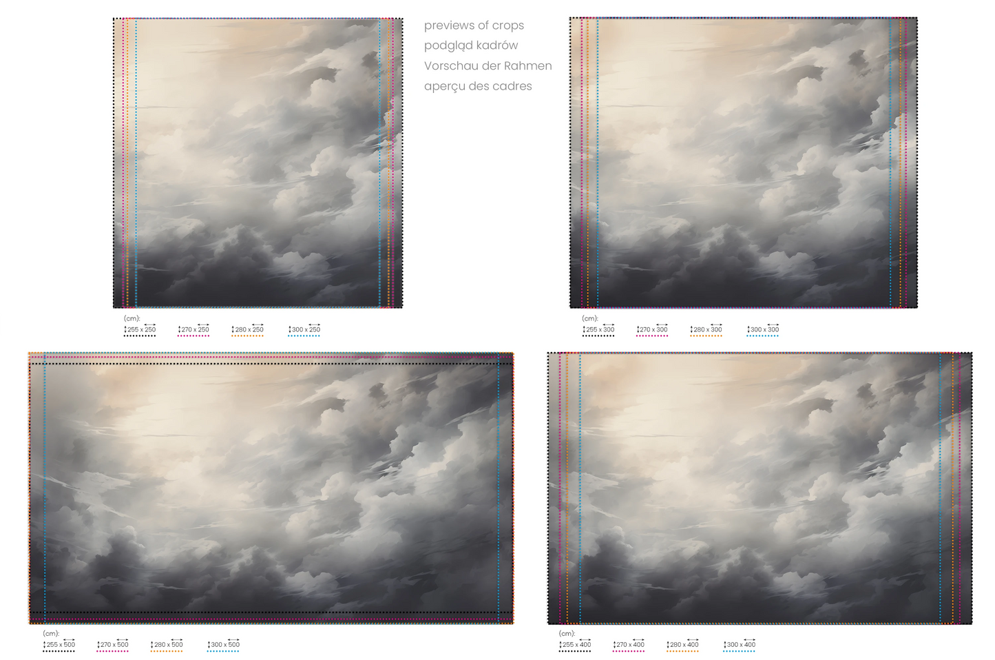 Na obrazie znajduje się prezentacja przykładowych rozmiarów fototapety o nazwie Light Amidst Shadows. Rozmiar fototapety jest dowolny.