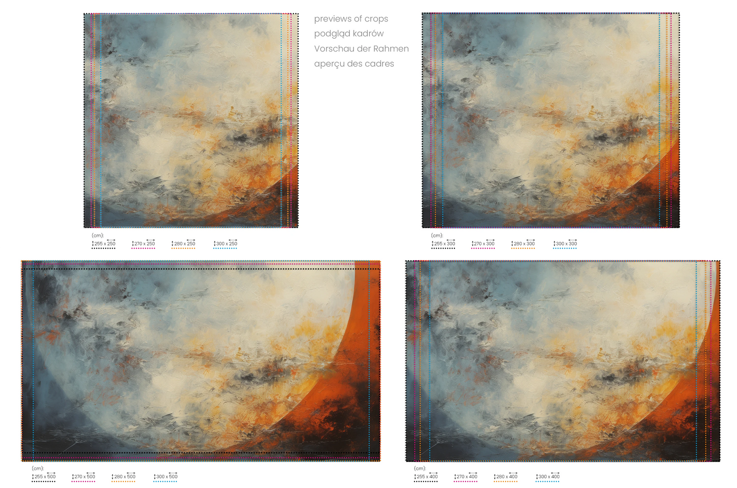 Na obrazie znajduje się prezentacja przykładowych rozmiarów fototapety o nazwie Lunar Solitude. Rozmiar fototapety jest dowolny.