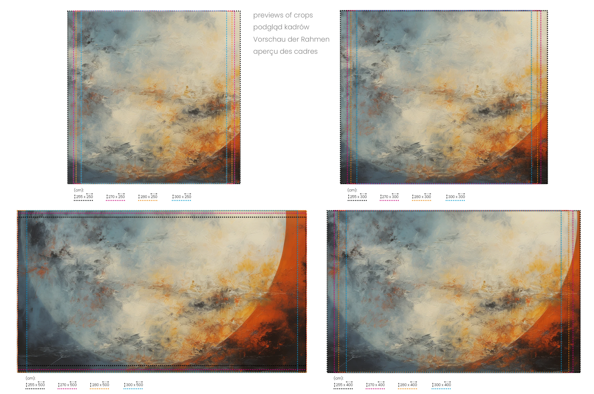 Na obrazie znajduje się prezentacja przykładowych rozmiarów fototapety o nazwie Lunar Solitude. Rozmiar fototapety jest dowolny.