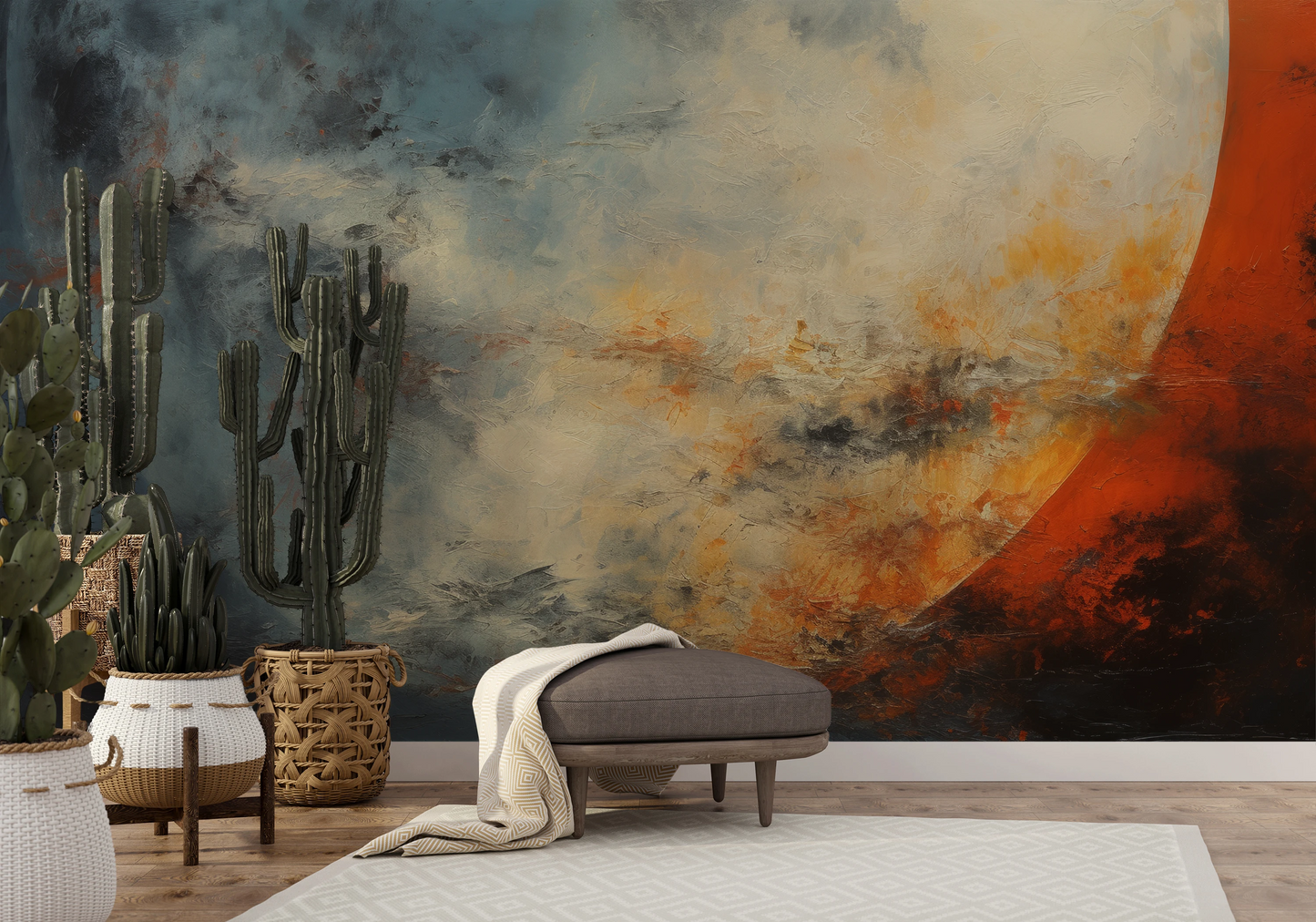 Wzór fototapety artystycznej o nazwie Lunar Solitude pokazanej w aranżacji wnętrza.