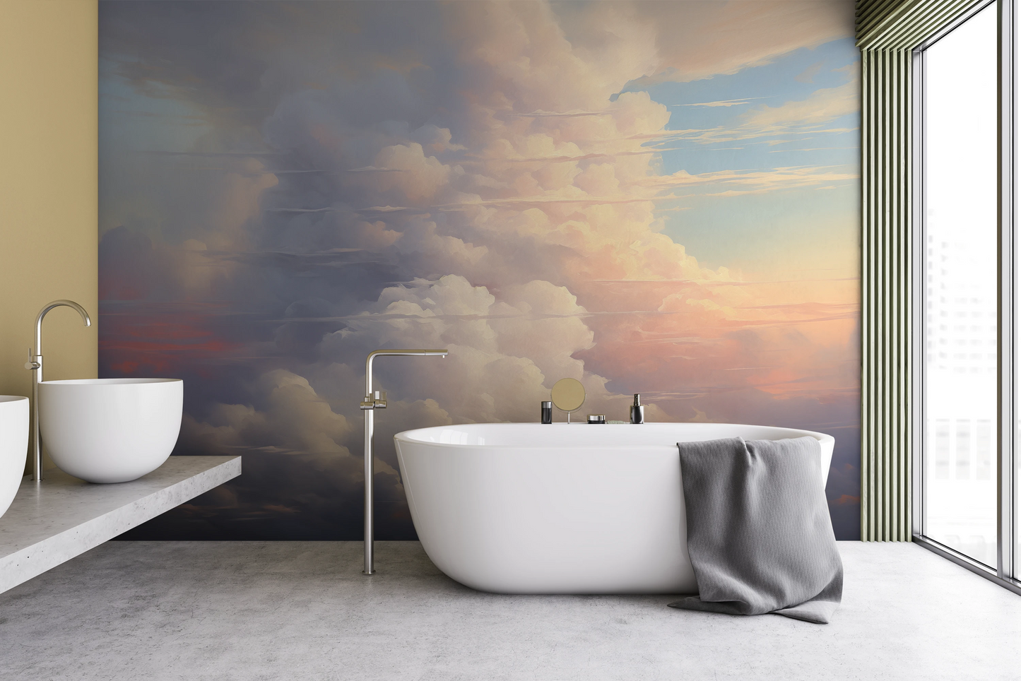 Wzór fototapety malowanej o nazwie Twilight's Embrace pokazanej w aranżacji wnętrza.