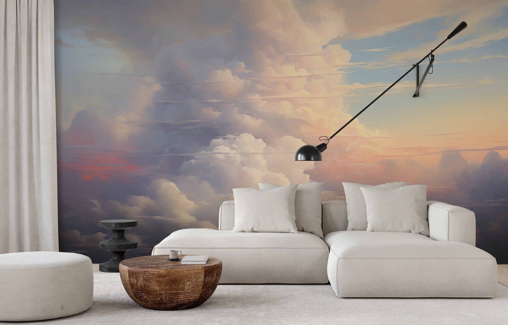 Wzór fototapety artystycznej o nazwie Twilight's Embrace pokazanej w aranżacji wnętrza.