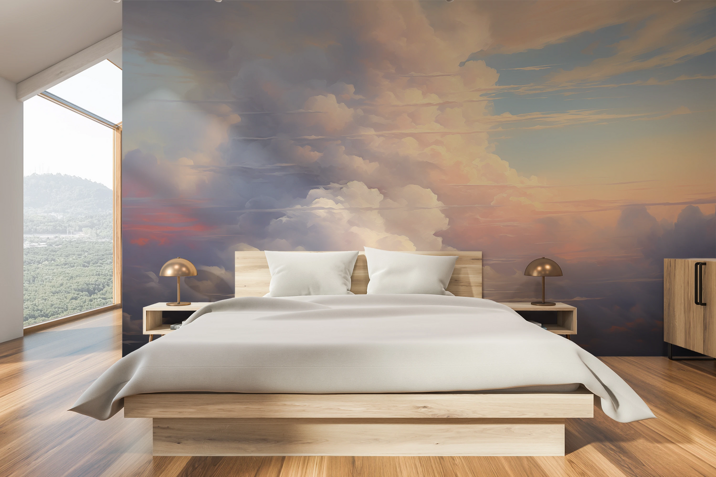 Zdjęcie prezentuje aranżację wnętrza z użyciem fototapety o nazwie Twilight's Embrace pokazanej w aranżacji wnętrza.