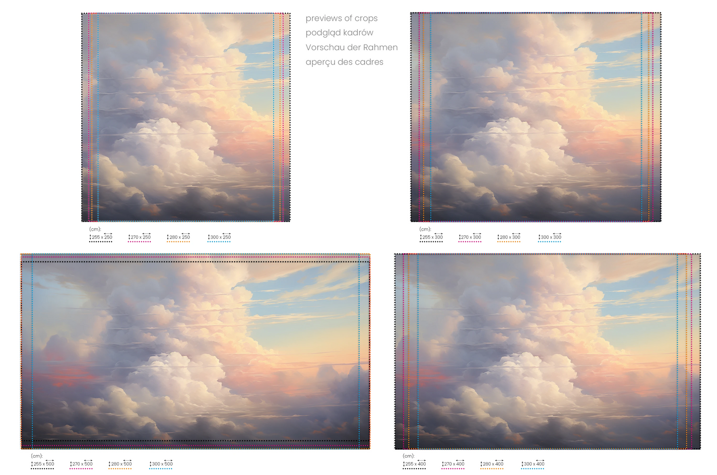 Na obrazie znajduje się prezentacja przykładowych rozmiarów fototapety o nazwie Twilight's Embrace. Rozmiar fototapety jest dowolny.
