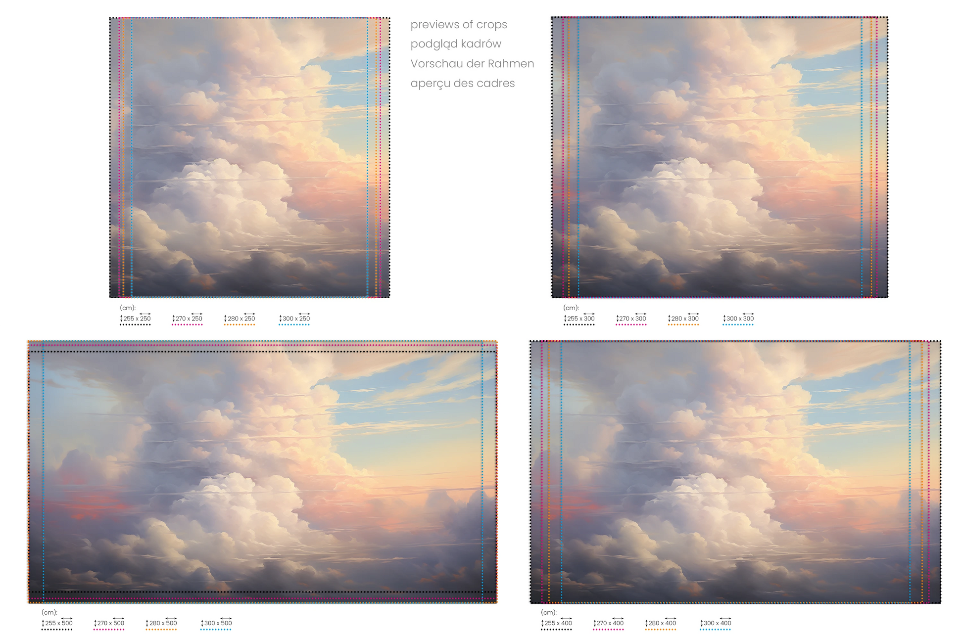 Na obrazie znajduje się prezentacja przykładowych rozmiarów fototapety o nazwie Twilight's Embrace. Rozmiar fototapety jest dowolny.