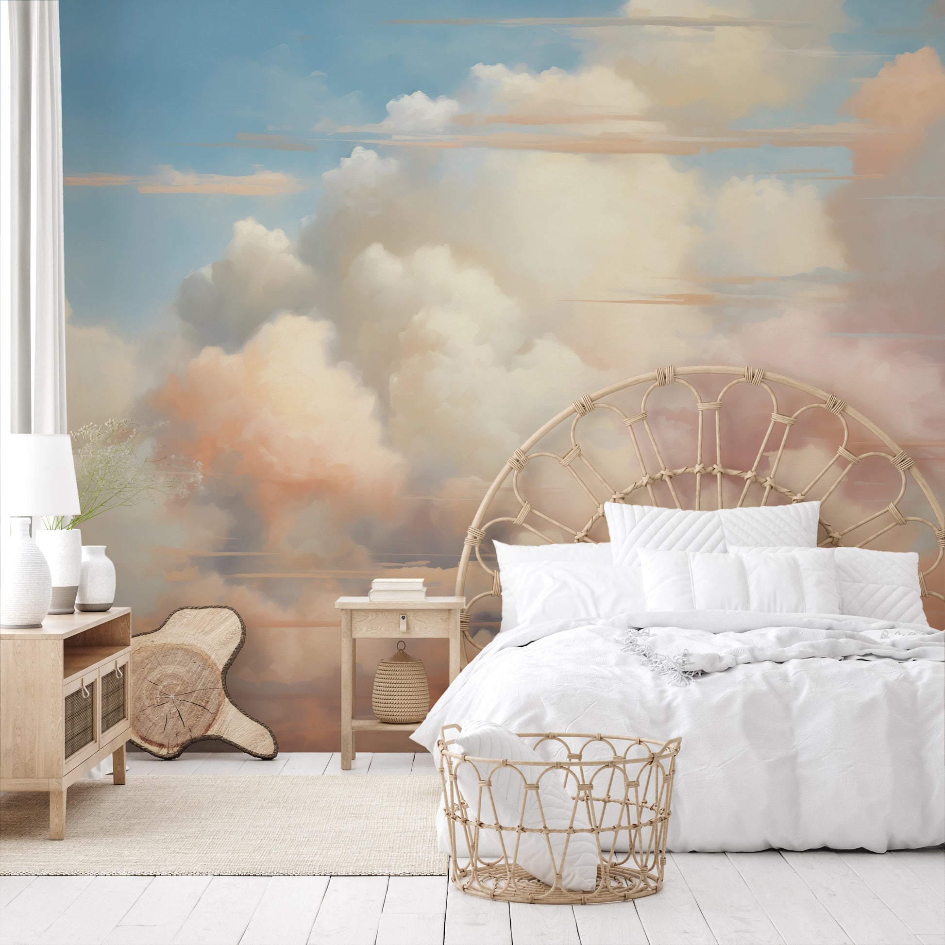 Zdjęcie prezentuje aranżację wnętrza z użyciem fototapety o nazwie Pastel Serenity pokazanej w aranżacji wnętrza.