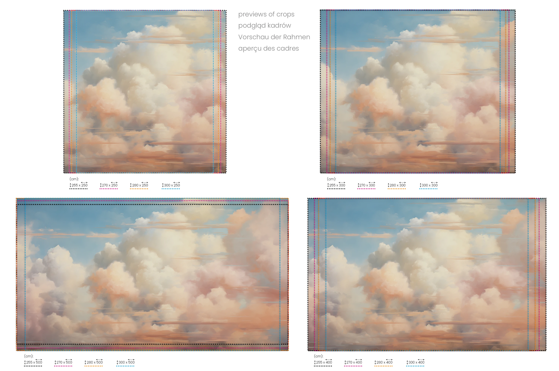 Na obrazie znajduje się prezentacja przykładowych rozmiarów fototapety o nazwie Pastel Serenity. Rozmiar fototapety jest dowolny.