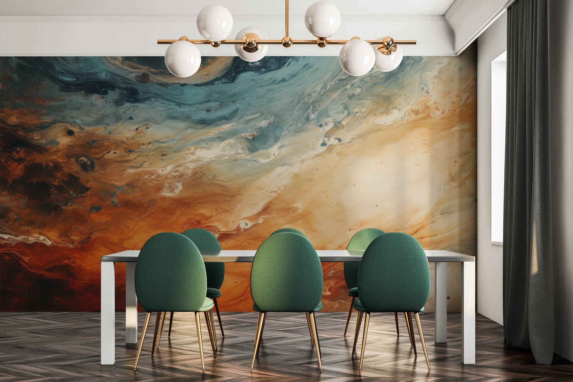 Zdjęcie prezentuje aranżację wnętrza z użyciem fototapety o nazwie Jovian Storm pokazanej w aranżacji wnętrza.