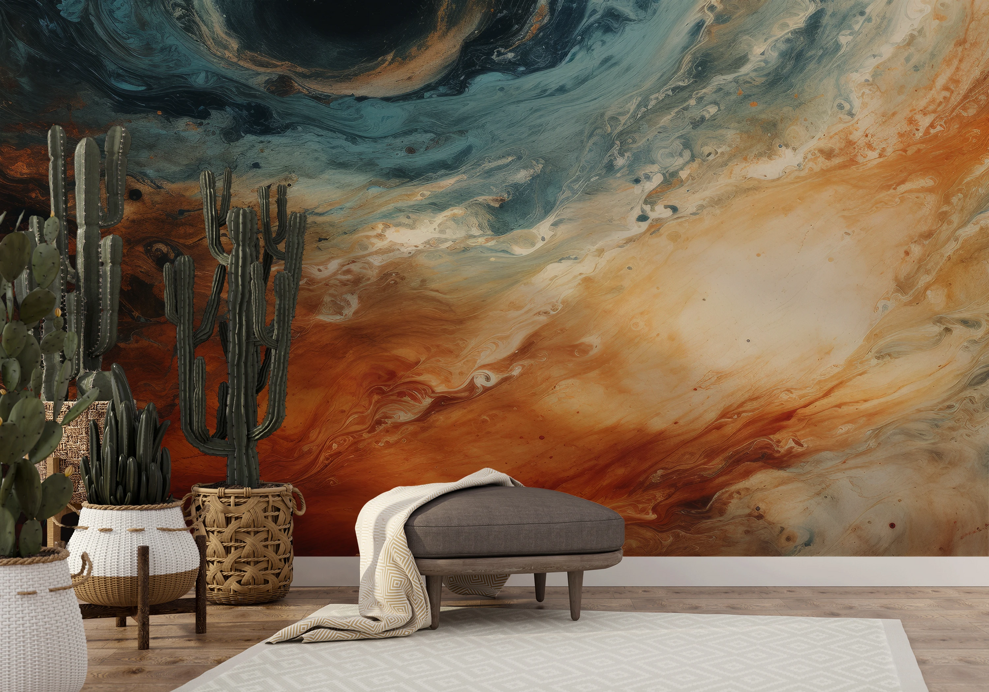 Wzór fototapety o nazwie Jovian Storm pokazanej w kontekście pomieszczenia.