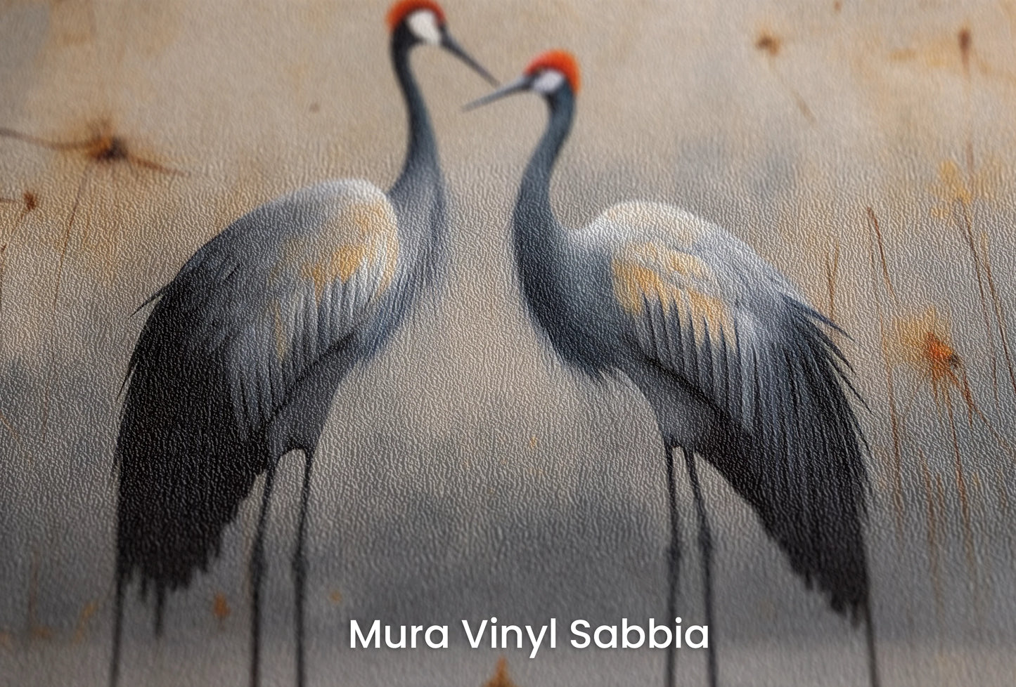 Zbliżenie na artystyczną fototapetę o nazwie Crimson Reflection na podłożu Mura Vinyl Sabbia struktura grubego ziarna piasku.