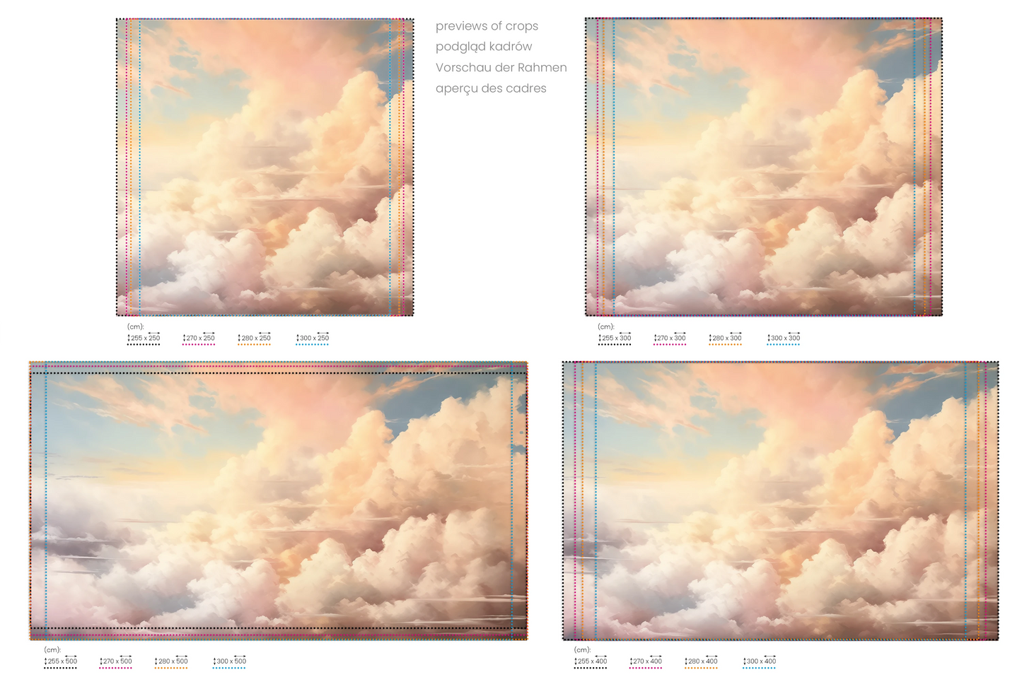 Na obrazie znajduje się prezentacja przykładowych rozmiarów fototapety o nazwie Morning's Warmth. Rozmiar fototapety jest dowolny.