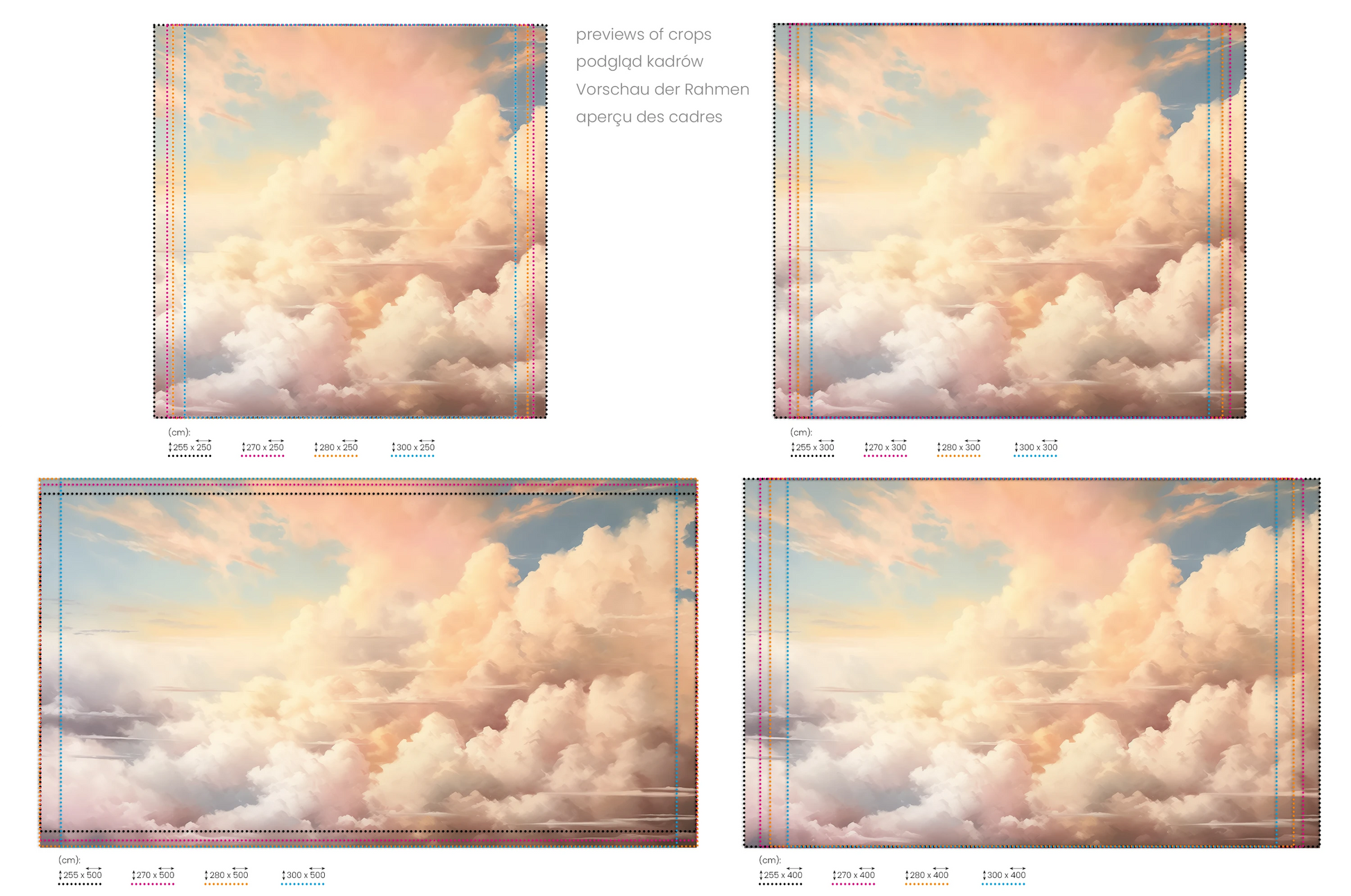 Na obrazie znajduje się prezentacja przykładowych rozmiarów fototapety o nazwie Morning's Warmth. Rozmiar fototapety jest dowolny.