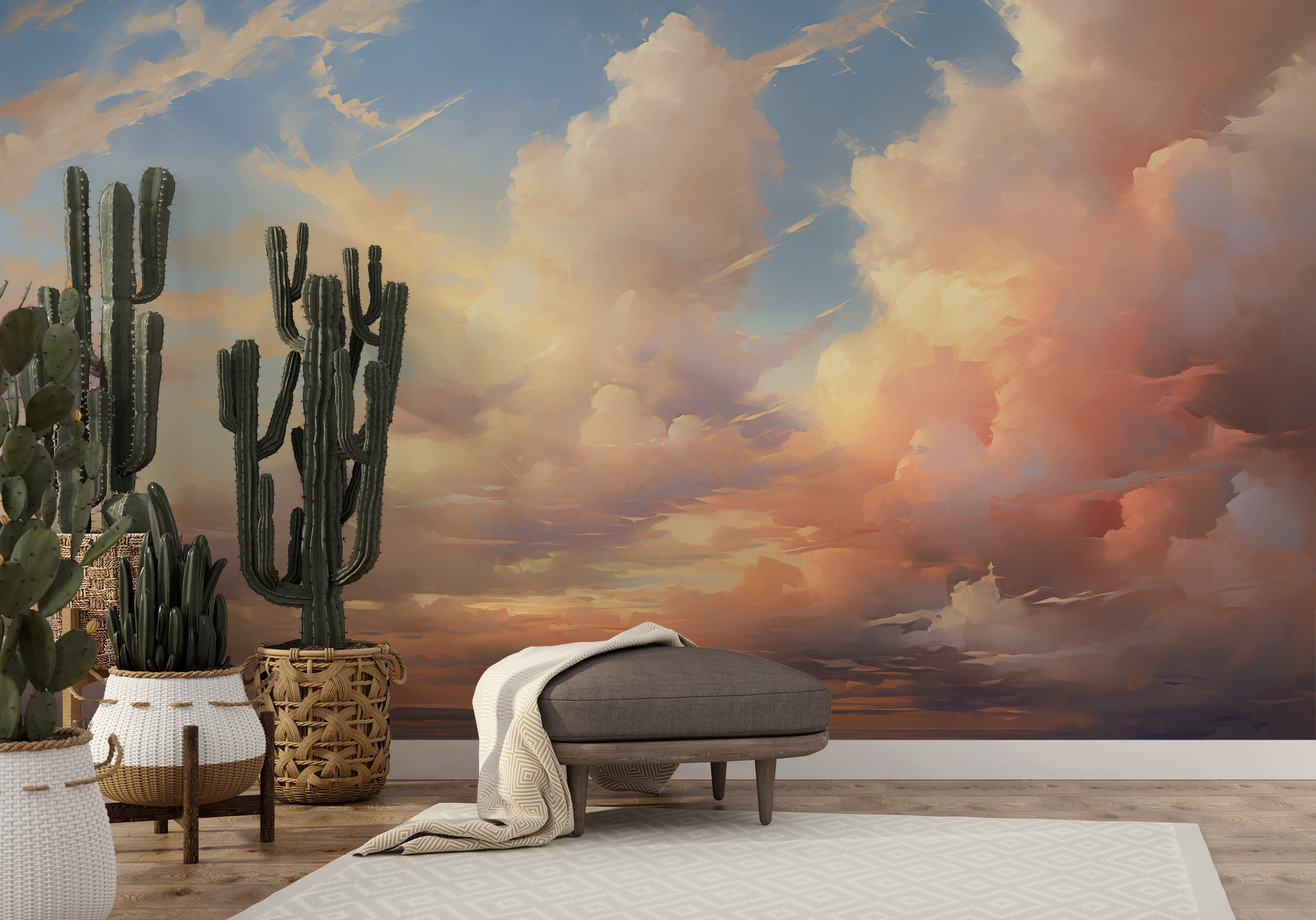 Zdjęcie prezentuje aranżację wnętrza z użyciem fototapety o nazwie Evening Glow pokazanej w aranżacji wnętrza.