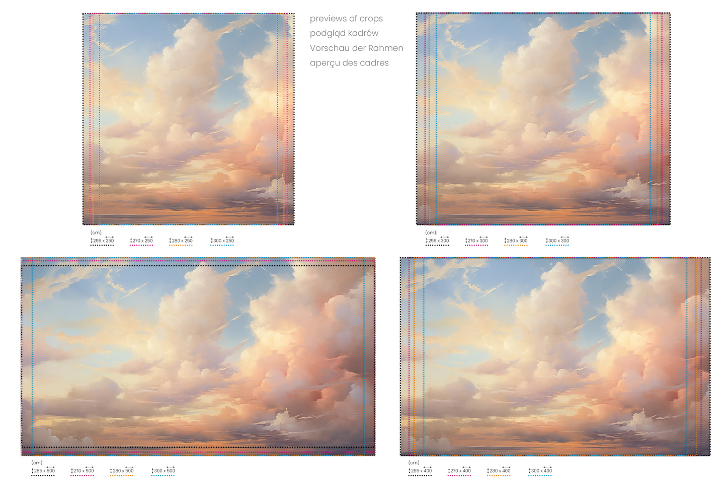 Na obrazie znajduje się prezentacja przykładowych rozmiarów fototapety o nazwie Evening Glow. Rozmiar fototapety jest dowolny.