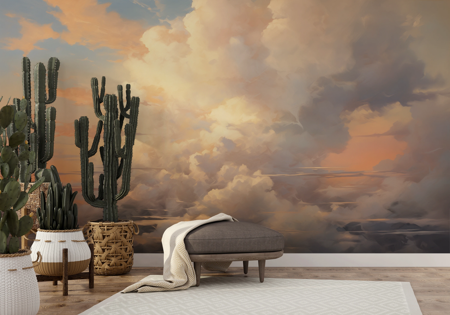 Wzór fototapety artystycznej o nazwie Daybreak Delight pokazanej w aranżacji wnętrza.