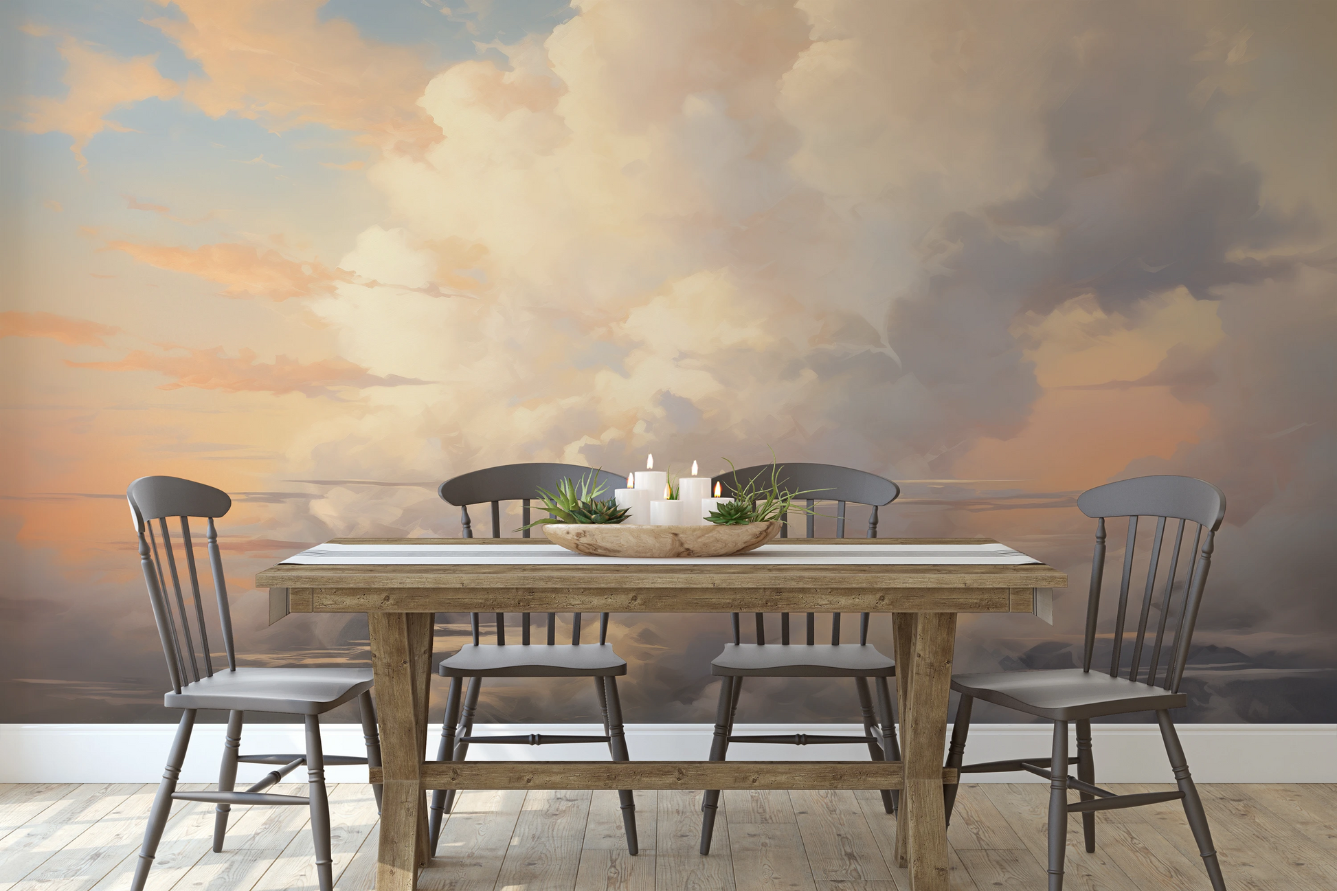 Zdjęcie prezentuje aranżację wnętrza z użyciem fototapety o nazwie Daybreak Delight pokazanej w aranżacji wnętrza.