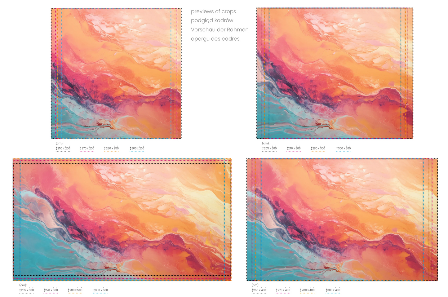 Na obrazie znajduje się prezentacja przykładowych rozmiarów fototapety o nazwie Neptune's Flow. Rozmiar fototapety jest dowolny.