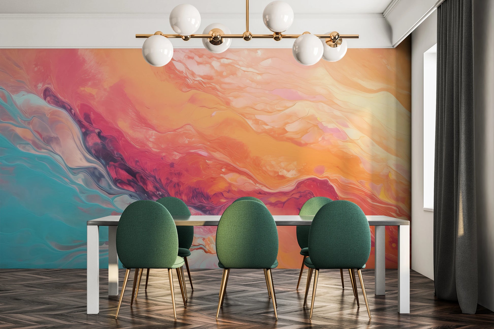 Zdjęcie prezentuje aranżację wnętrza z użyciem fototapety o nazwie Neptune's Flow pokazanej w aranżacji wnętrza.