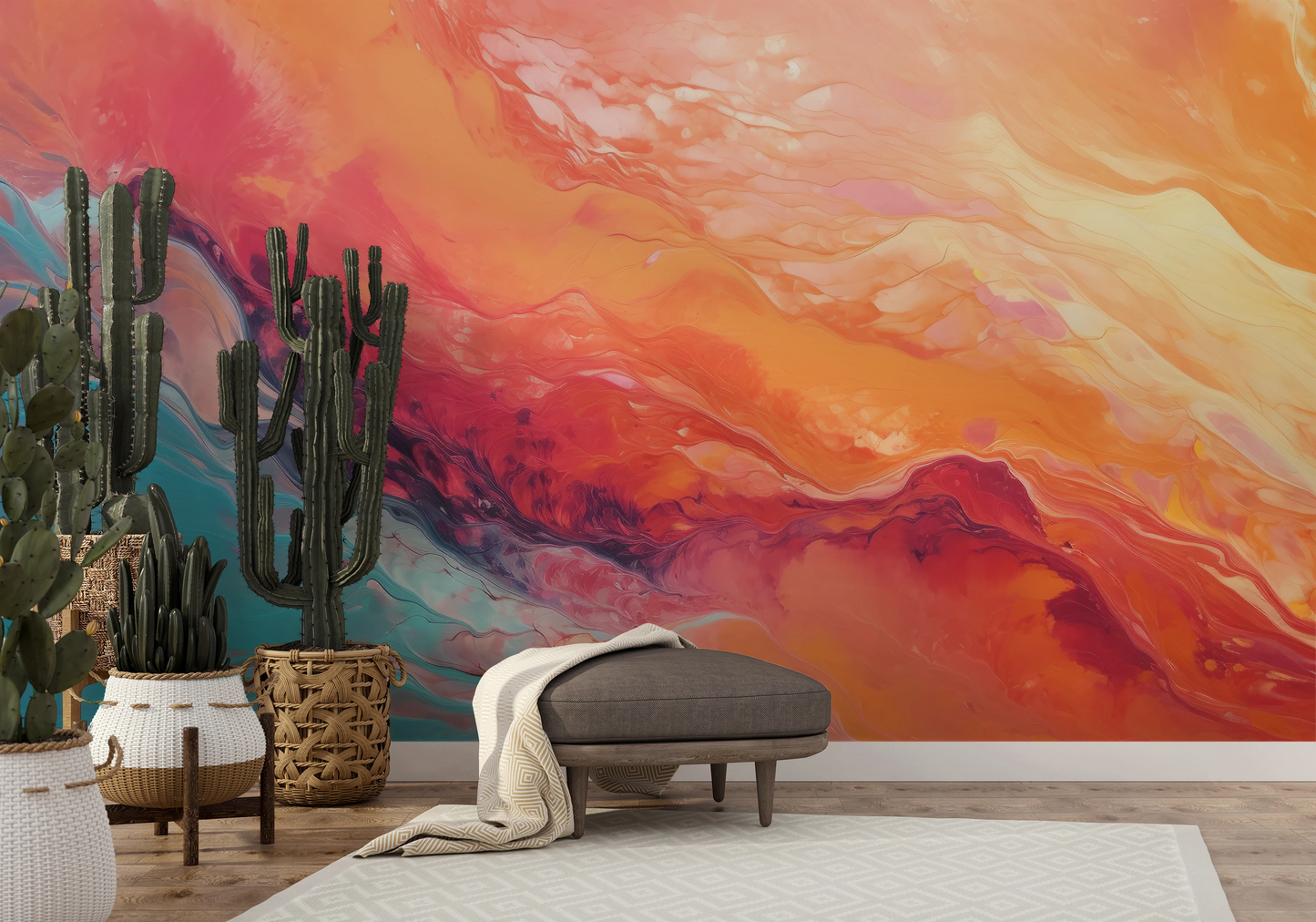 Wzór fototapety artystycznej o nazwie Neptune's Flow pokazanej w aranżacji wnętrza.