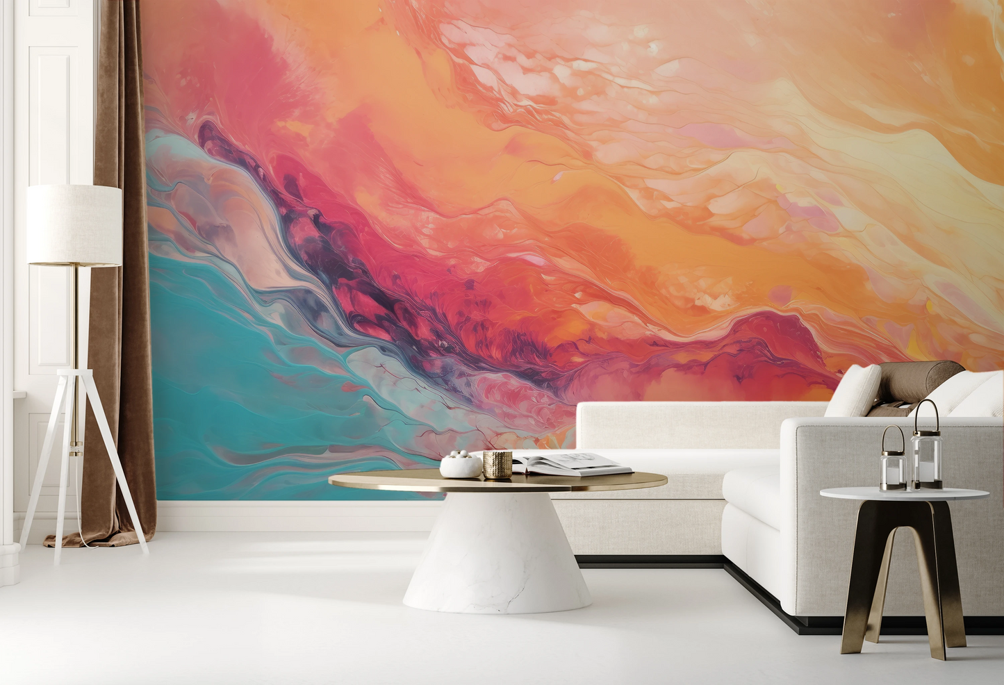 Wzór fototapety artystycznej o nazwie Neptune's Flow pokazanej w aranżacji wnętrza.