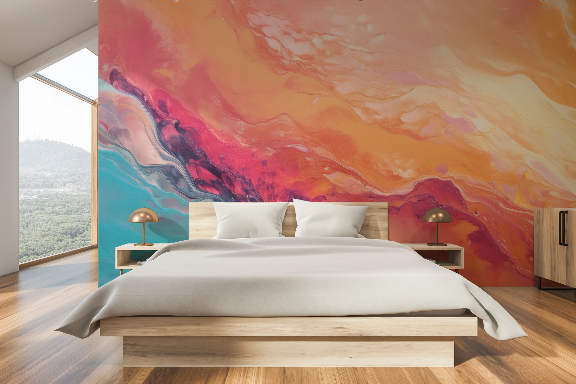 Wzór fototapety malowanej o nazwie Neptune's Flow pokazanej w aranżacji wnętrza.