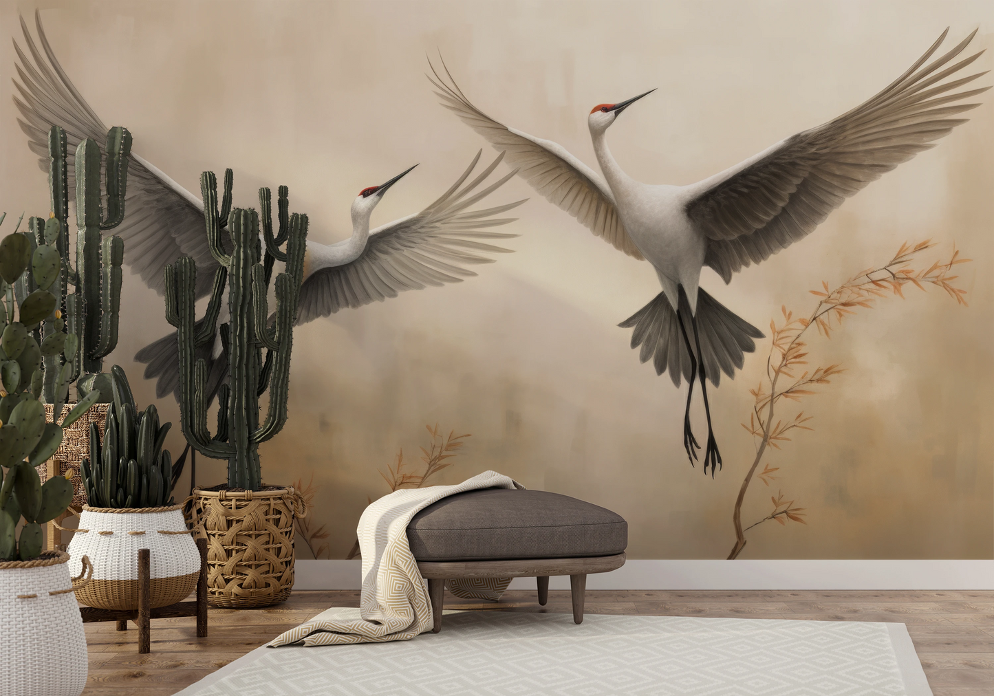 Wzór fototapety artystycznej o nazwie Wings of Serenity pokazanej w aranżacji wnętrza.