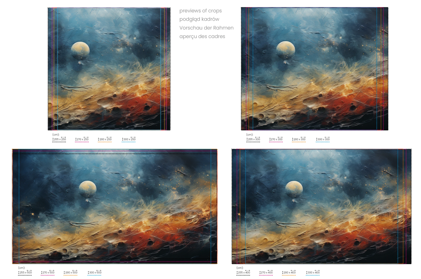 Na obrazie znajduje się prezentacja przykładowych rozmiarów fototapety o nazwie Celestial Harmony. Rozmiar fototapety jest dowolny.