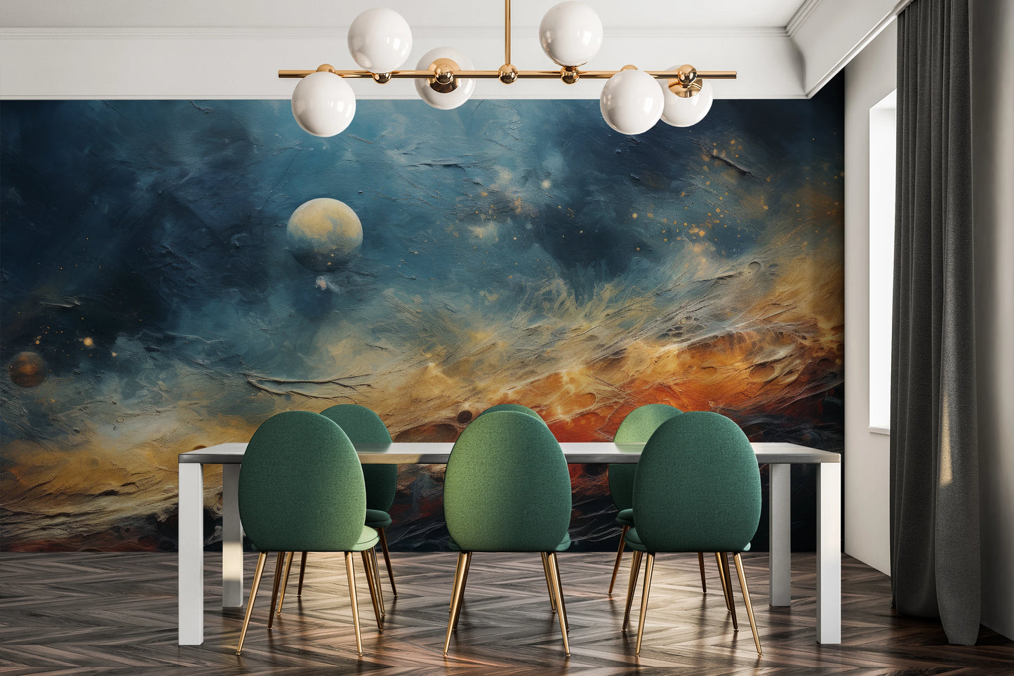 Wzór fototapety malowanej o nazwie Celestial Harmony pokazanej w aranżacji wnętrza.