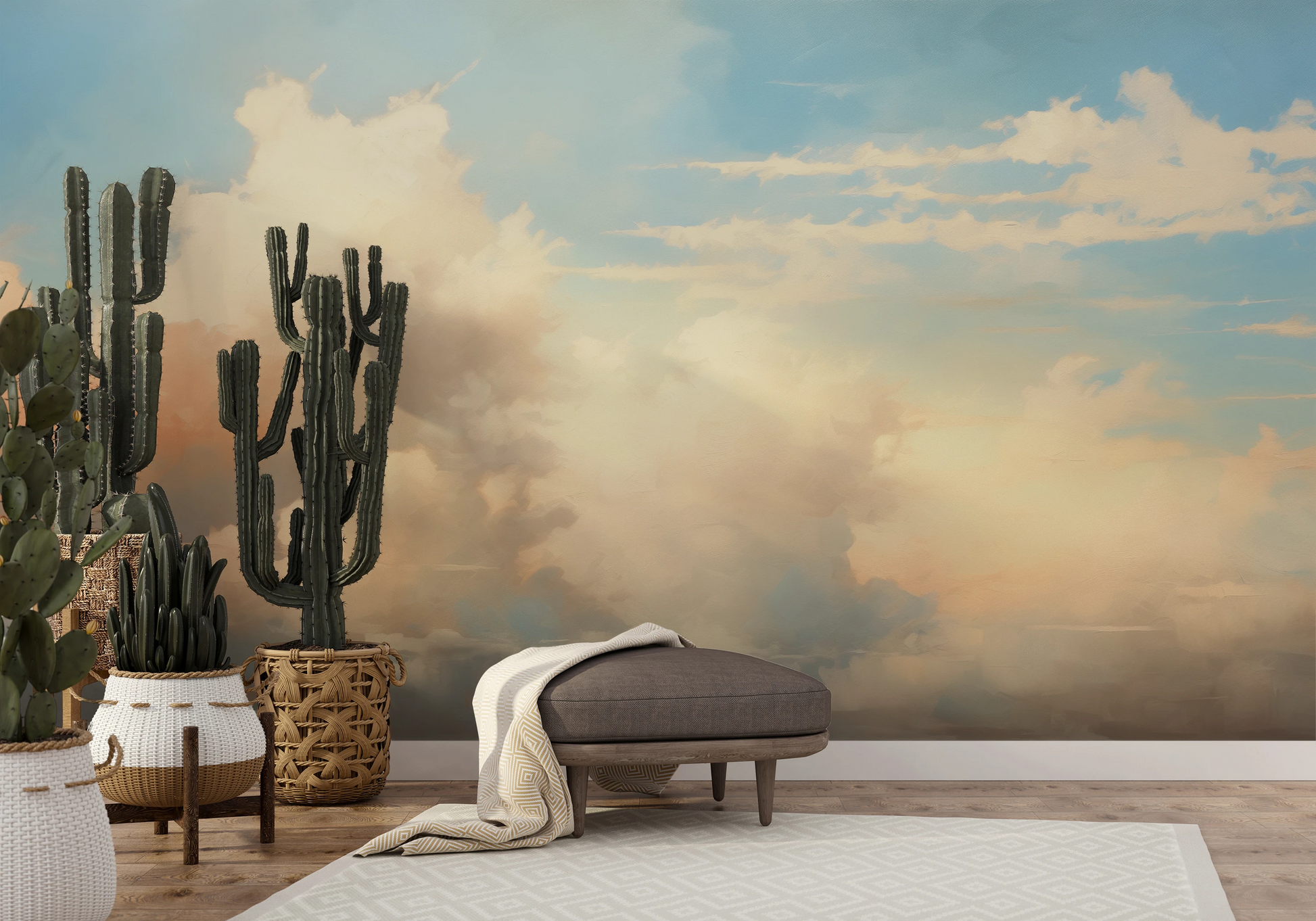 Wzór fototapety artystycznej o nazwie Cotton Whispers pokazanej w aranżacji wnętrza.