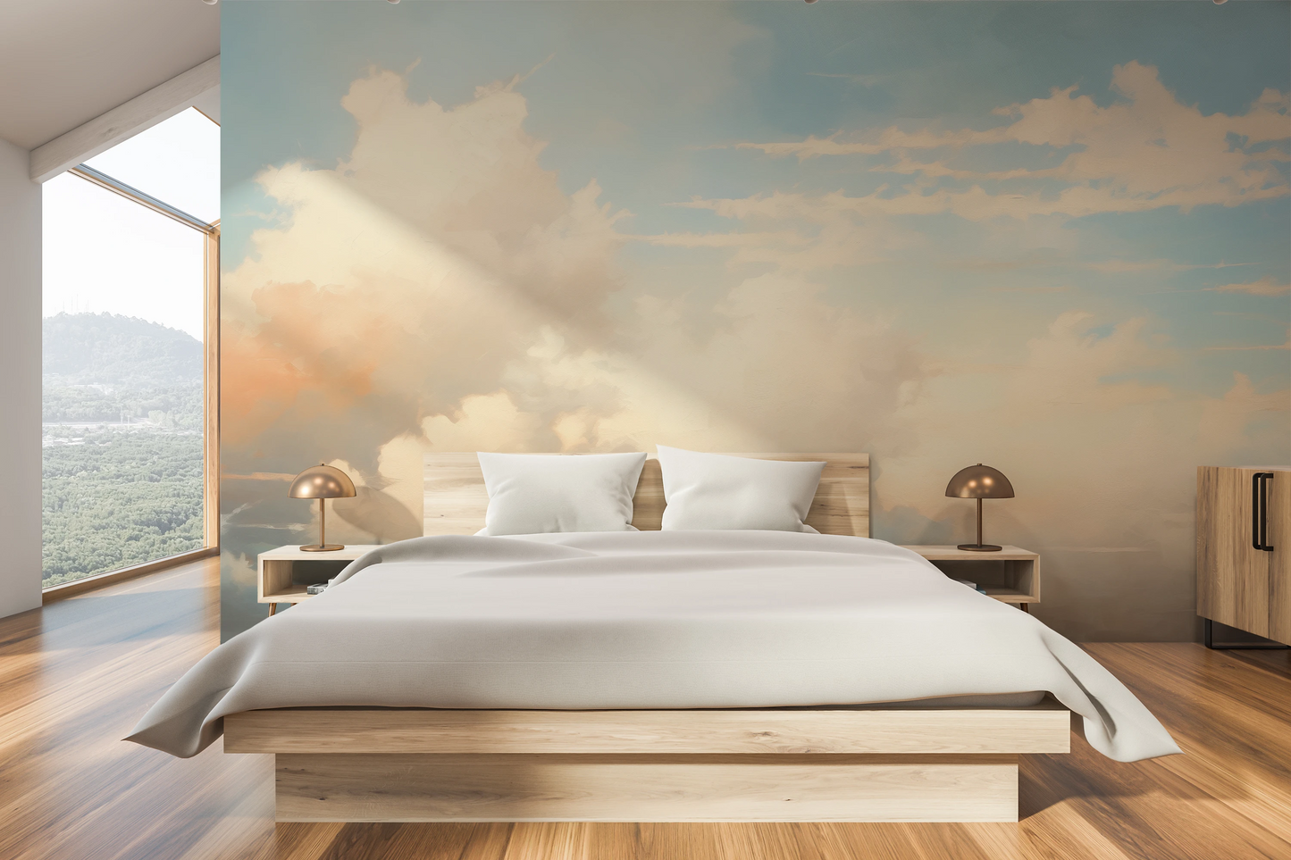 Wzór fototapety malowanej o nazwie Cotton Whispers pokazanej w aranżacji wnętrza.