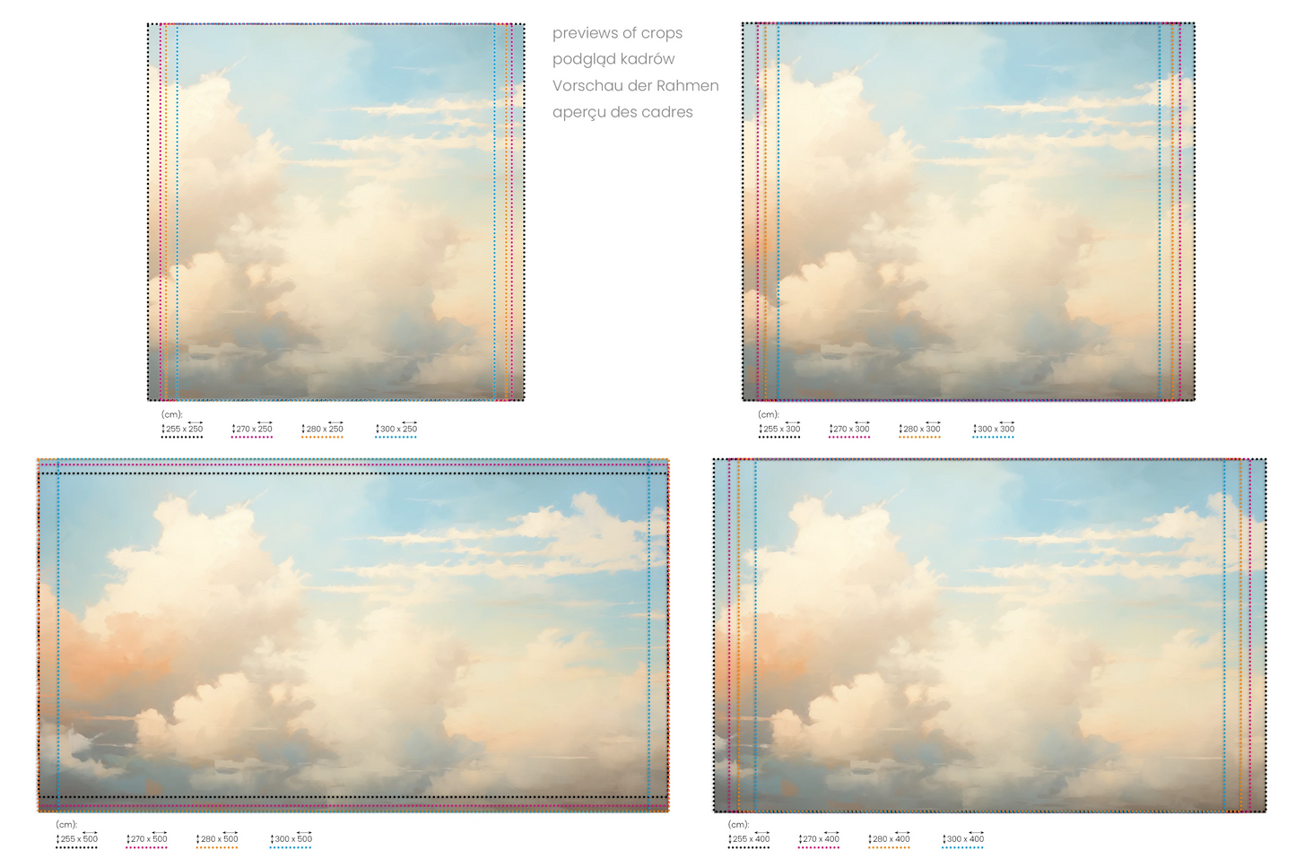 Na obrazie znajduje się prezentacja przykładowych rozmiarów fototapety o nazwie Cotton Whispers. Rozmiar fototapety jest dowolny.