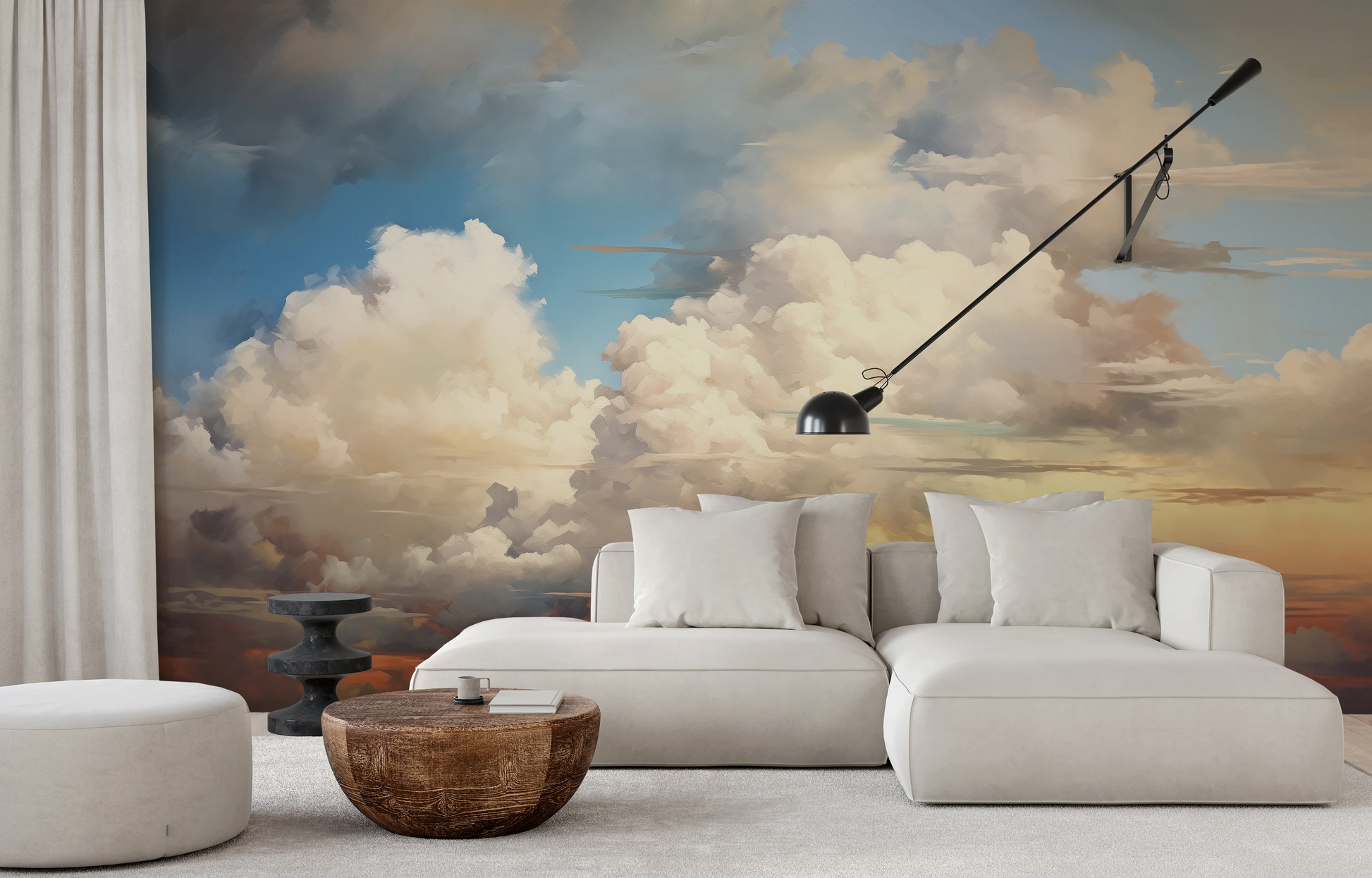 Wzór fototapety artystycznej o nazwie Sunset Majesty pokazanej w aranżacji wnętrza.