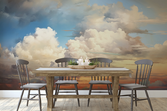 Wzór fototapety artystycznej o nazwie Sunset Majesty pokazanej w aranżacji wnętrza.