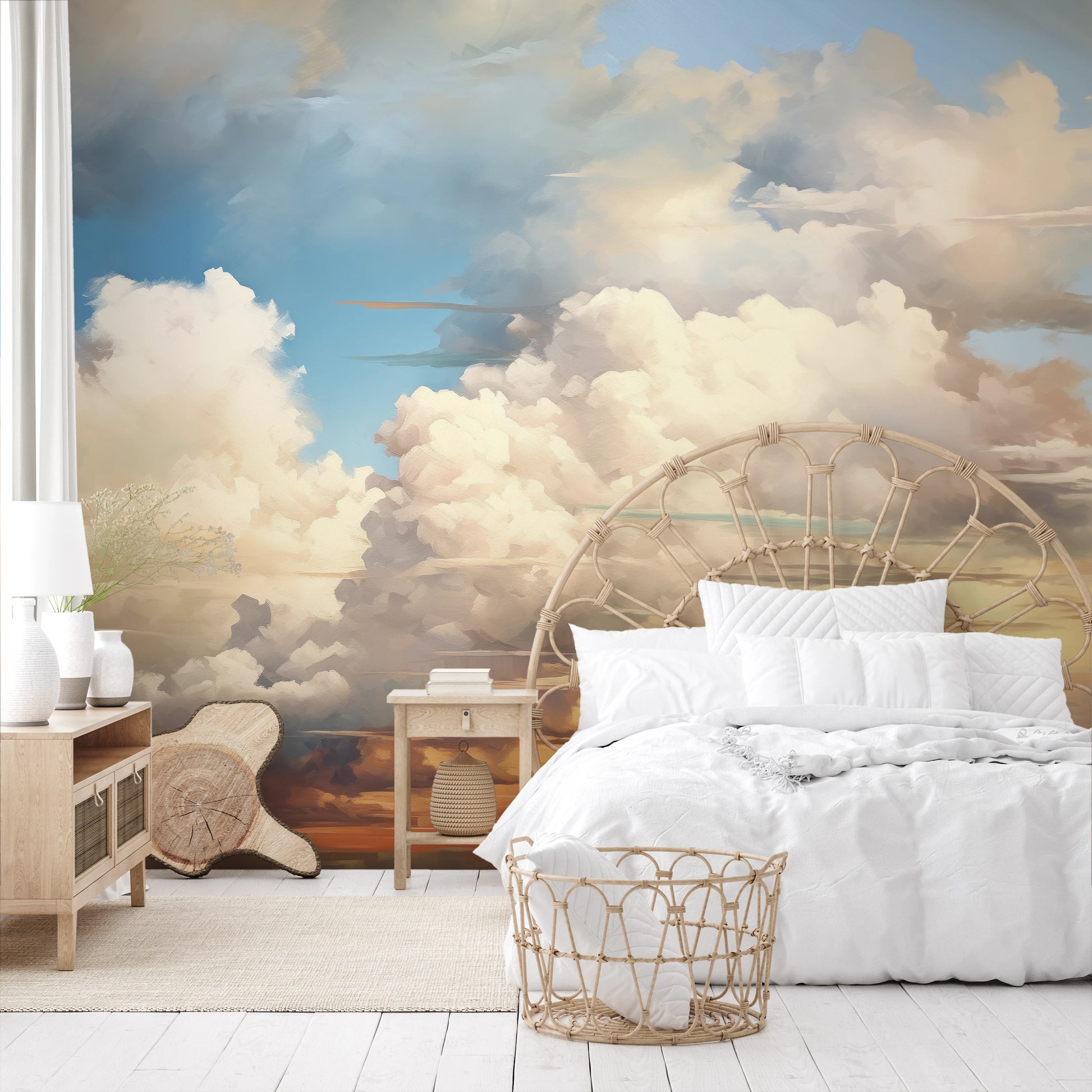 Wzór fototapety malowanej o nazwie Sunset Majesty pokazanej w aranżacji wnętrza.