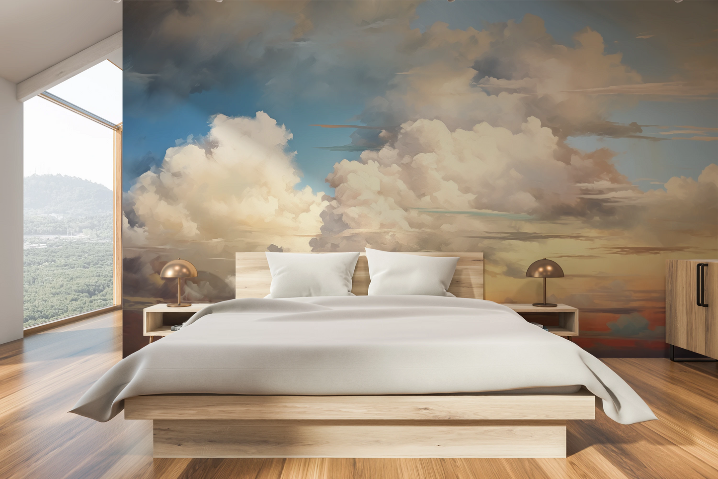 Zdjęcie prezentuje aranżację wnętrza z użyciem fototapety o nazwie Sunset Majesty pokazanej w aranżacji wnętrza.