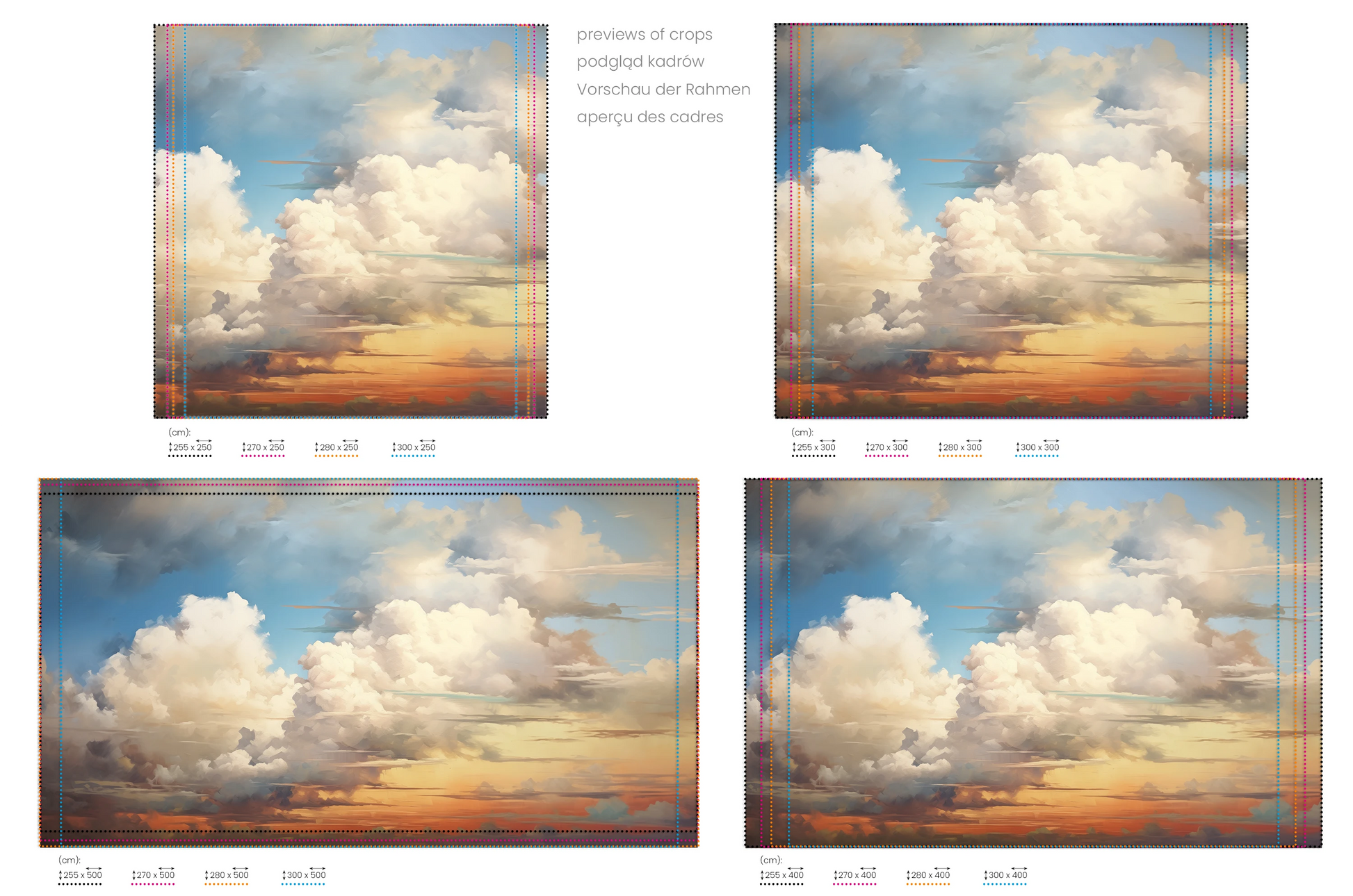 Na obrazie znajduje się prezentacja przykładowych rozmiarów fototapety o nazwie Sunset Majesty. Rozmiar fototapety jest dowolny.