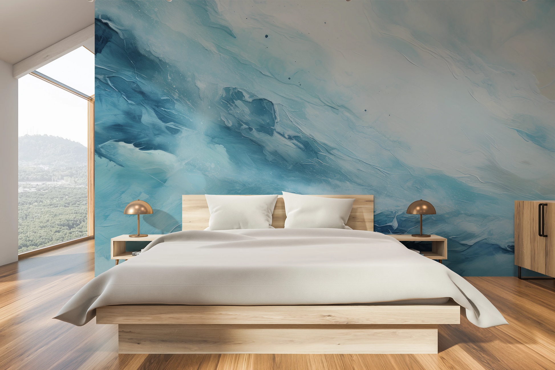 Wzór fototapety malowanej o nazwie Terran Rise pokazanej w aranżacji wnętrza.