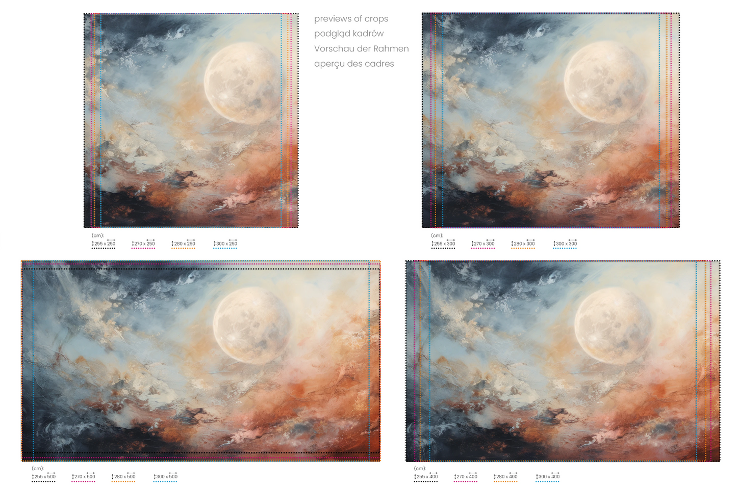 Na obrazie znajduje się prezentacja przykładowych rozmiarów fototapety o nazwie Moon's Monochrome. Rozmiar fototapety jest dowolny.