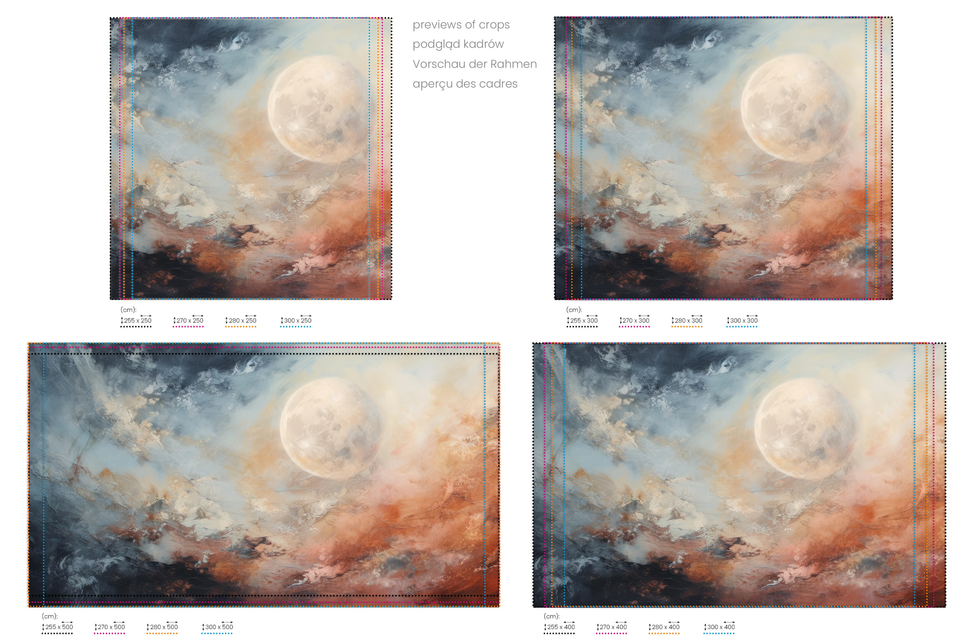 Na obrazie znajduje się prezentacja przykładowych rozmiarów fototapety o nazwie Moon's Monochrome. Rozmiar fototapety jest dowolny.