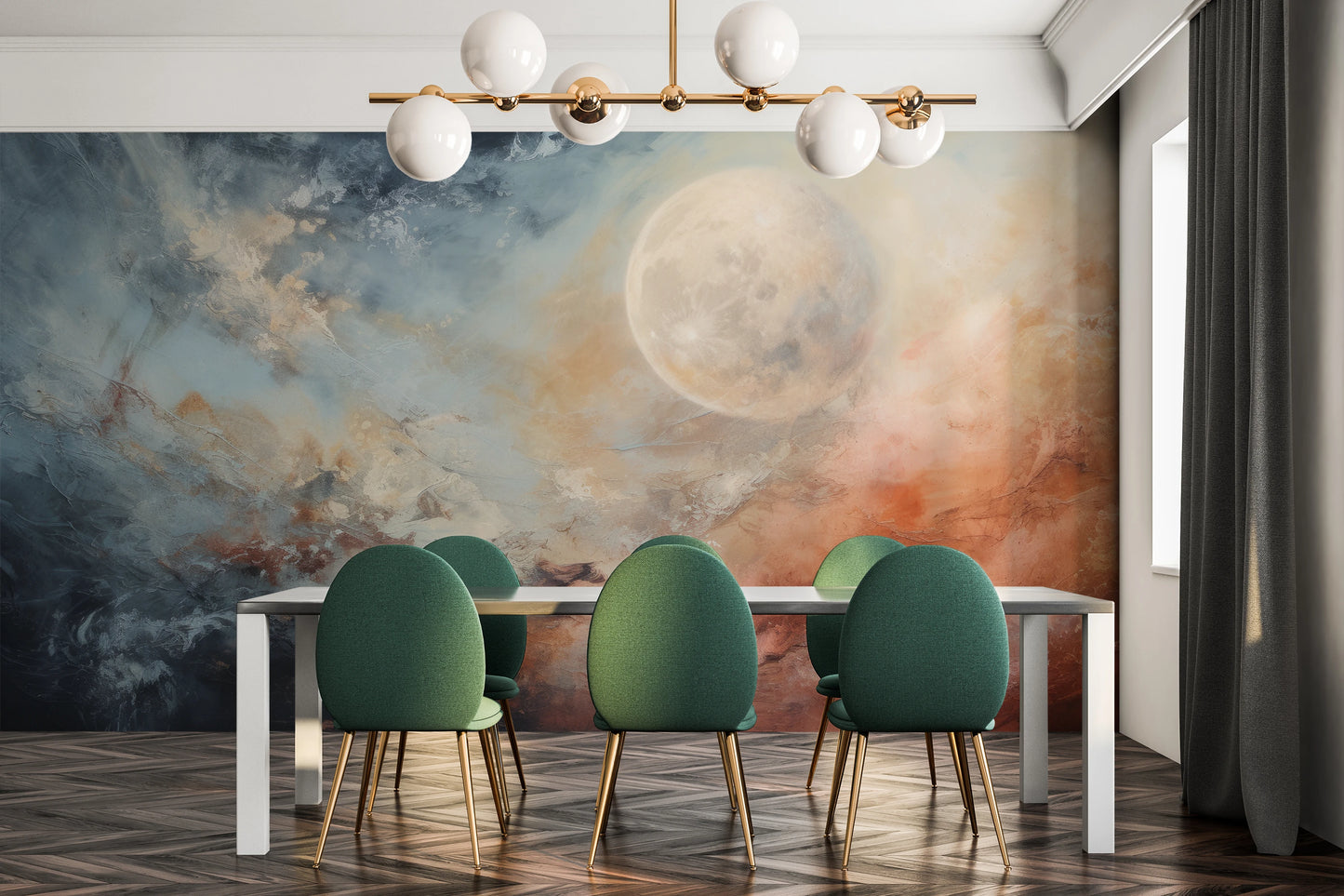 Wzór fototapety artystycznej o nazwie Moon's Monochrome pokazanej w aranżacji wnętrza.