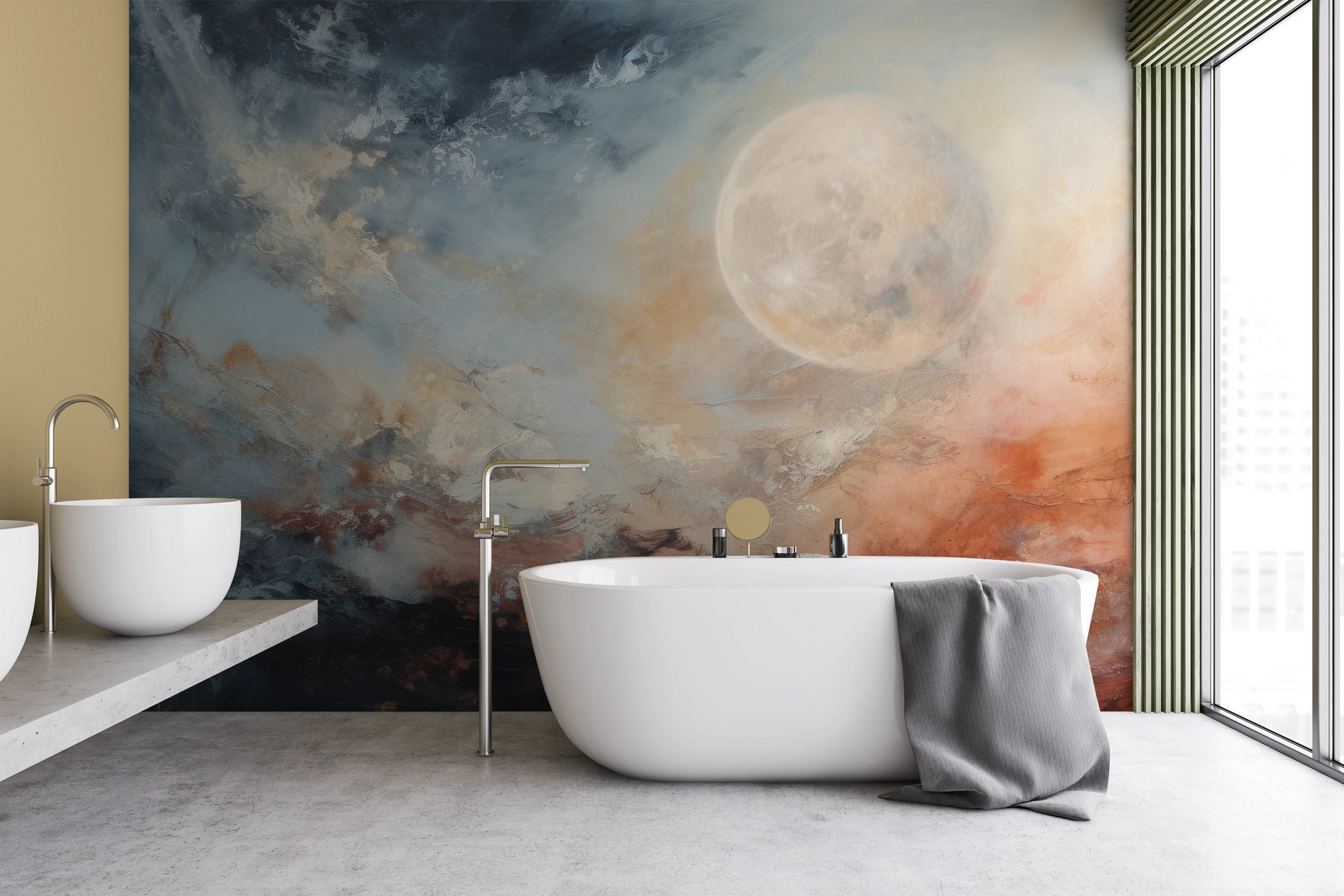 Wzór fototapety malowanej o nazwie Moon's Monochrome pokazanej w aranżacji wnętrza.