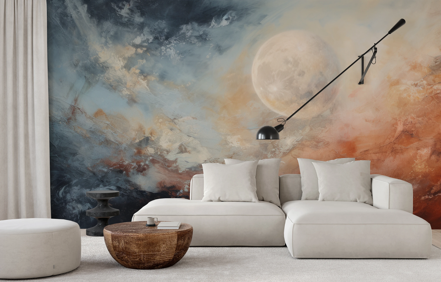 Fototapeta artystyczna o nazwie Moon's Monochrome pokazana w aranżacji wnętrza.