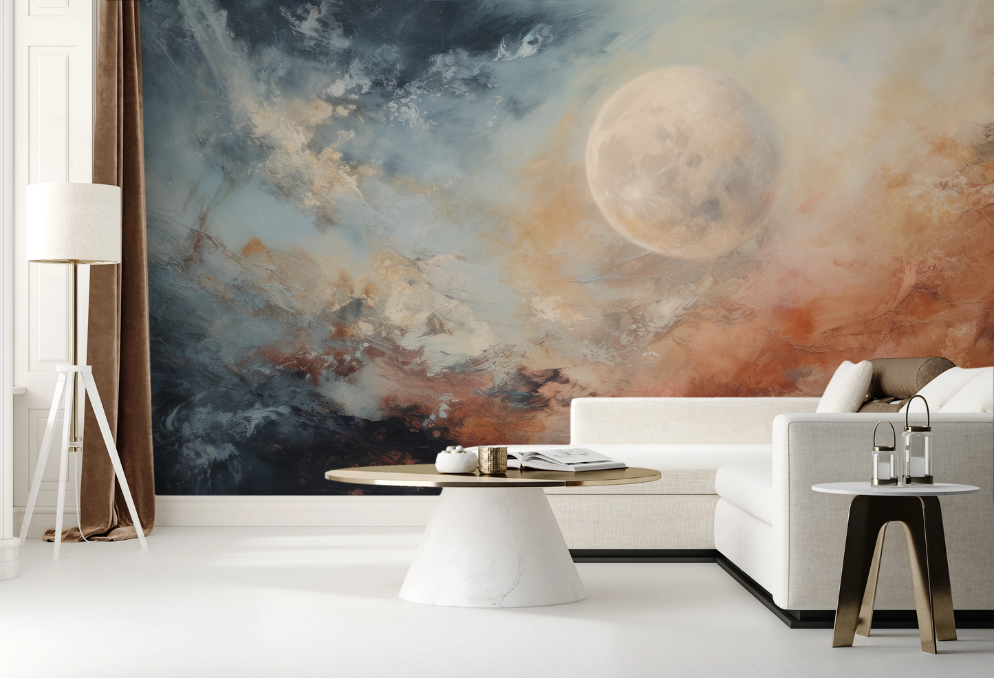 Zdjęcie prezentuje aranżację wnętrza z użyciem fototapety o nazwie Moon's Monochrome pokazanej w aranżacji wnętrza.