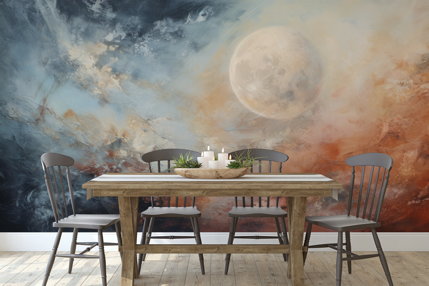 Wzór fototapety o nazwie Moon's Monochrome pokazanej w kontekście pomieszczenia.