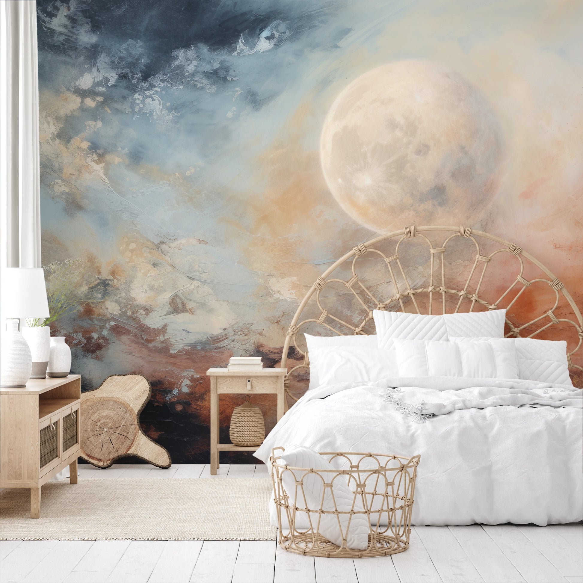 Wzór fototapety artystycznej o nazwie Moon's Monochrome pokazanej w aranżacji wnętrza.